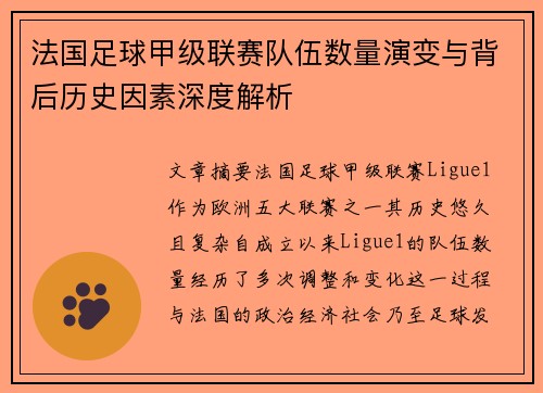 法国足球甲级联赛队伍数量演变与背后历史因素深度解析