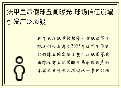 法甲里昂假球丑闻曝光 球场信任崩塌引发广泛质疑
