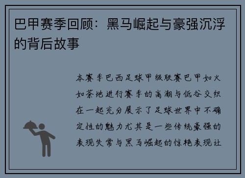 巴甲赛季回顾：黑马崛起与豪强沉浮的背后故事