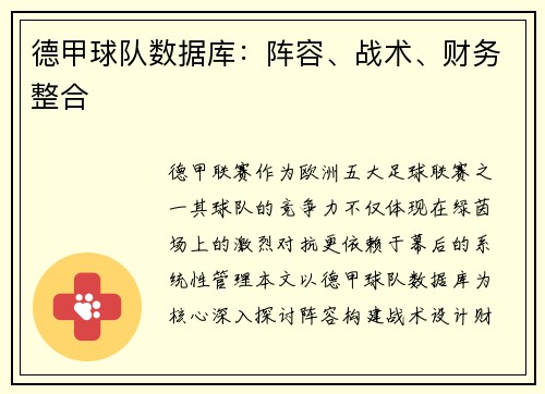 德甲球队数据库：阵容、战术、财务整合